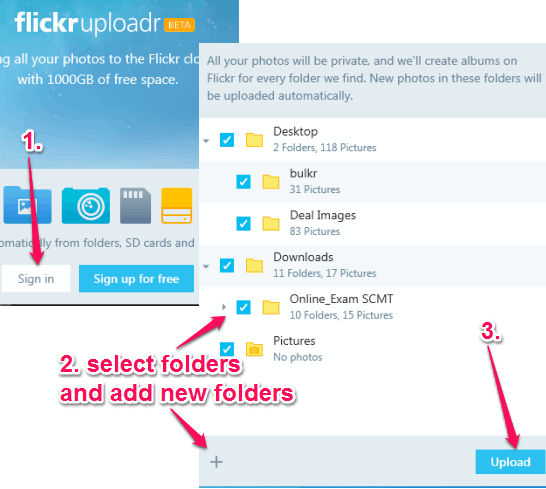 sign in and select folders to upload to your Flickr account