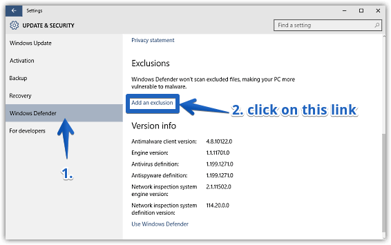 windows 10 access exclusions pane