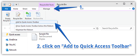 windows 10 add empty recycle bin to quick access toolbar