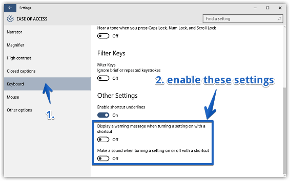 windows 10 configure notifications when enabling settings with shortcuts