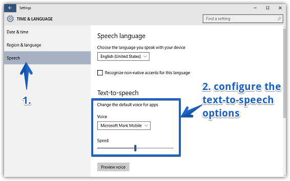 windows 10 configure text to speech options