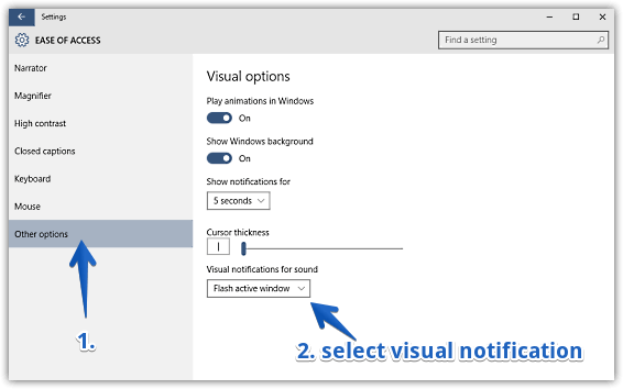 windows 10 configure visual notifications for sounds