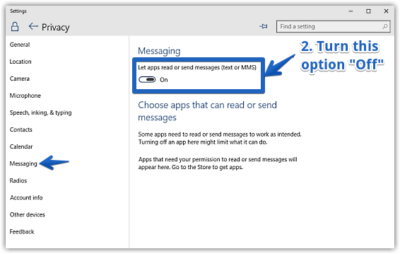 windows 10 disable messaging access for apps