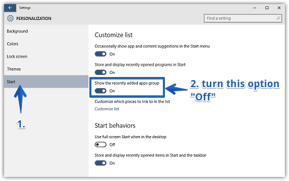 windows 10 disable showing recent apps group