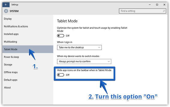 windows 10 disable taskbar app icons in tablet mode