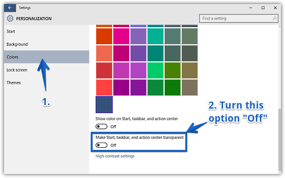 windows 10 disable transparency in start, action center and taskbar