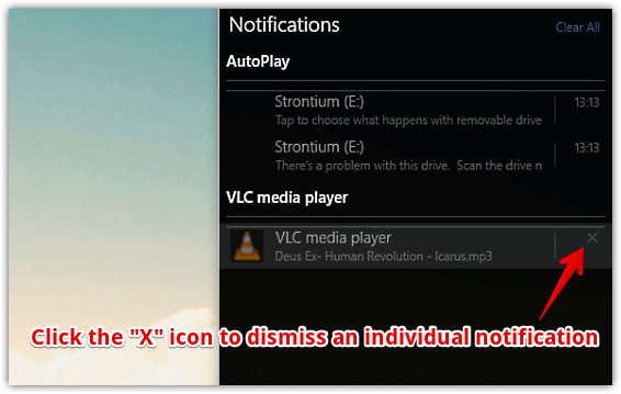 windows 10 dismiss individual notifications