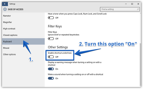 windows 10 enable shortcut underlines for keyboard shortcuts