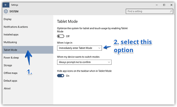 windows 10 enable tablet mode at startup