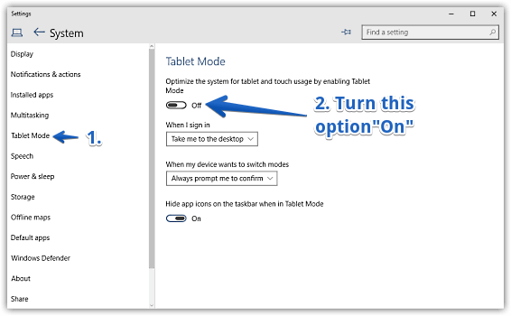windows 10 enable tablet mode
