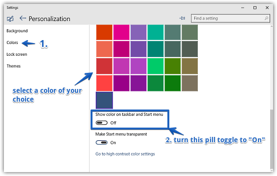 windows 10 show color on start menu and taskbar