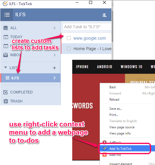 Free Chrome to-do list plugin with context menu option