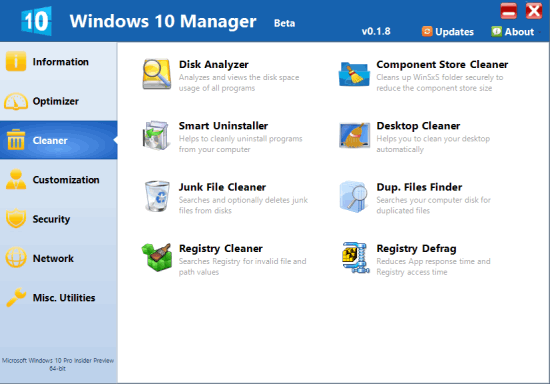 Windows 10 Manager- interface