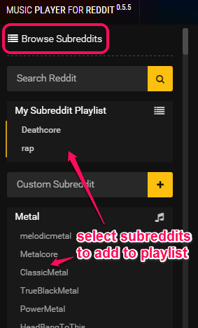 browse subreddits and add to playlist