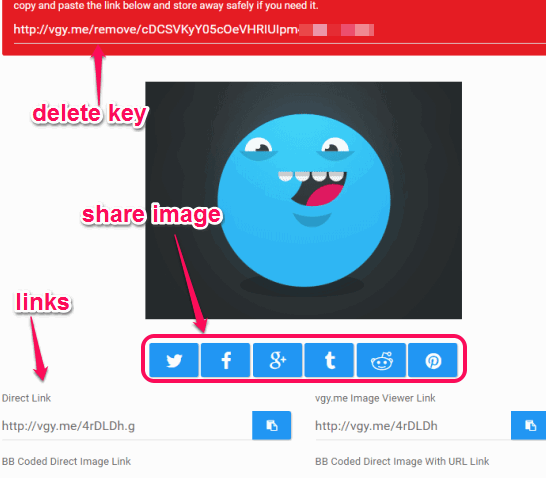 delete key and links of uploaded image