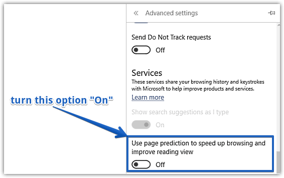 enable page prediction in ms edge