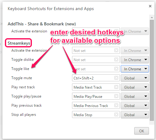 enter desired hotkeys for available options and save the changes