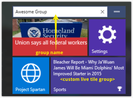 start menu custom tile group