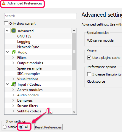 use All option to switch to Advanced Preferences window