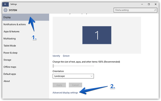 windows 10 access advanced display settings