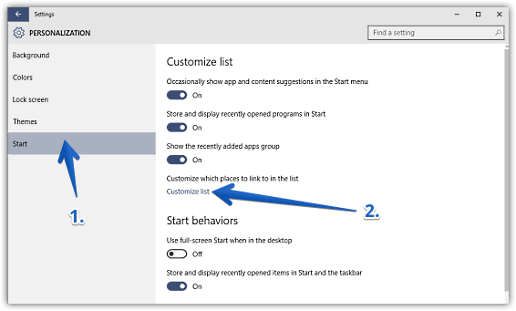 windows 10 access customize list options
