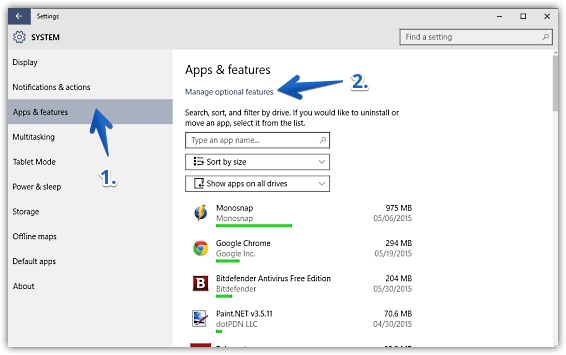 windows 10 access optional features list