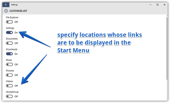 windows 10 choose places to link to in start menu