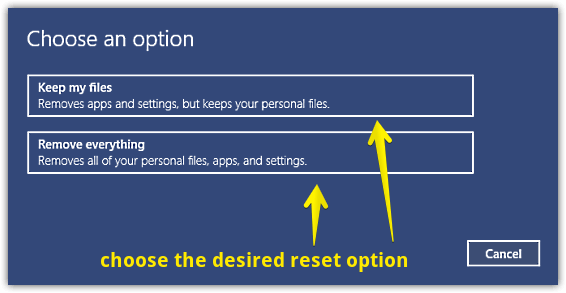 windows 10 choose reset options