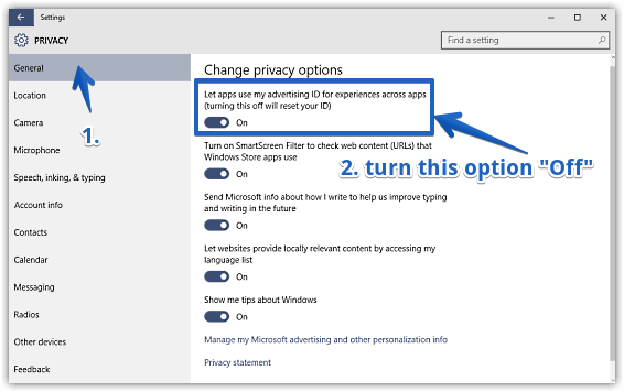 windows 10 disable apps from using advertising id