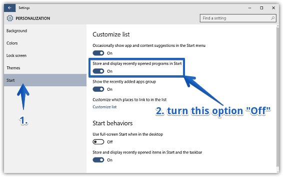 windows 10 disable recent apps from showing in start menu