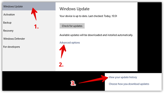 windows 10 go to update history option