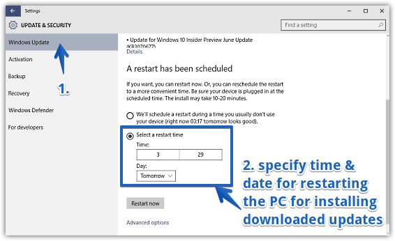 windows 10 set custom time for installation of updates