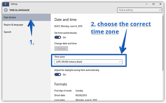 windows 10 set time zone