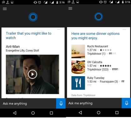 Recommendations from Cortana on Android