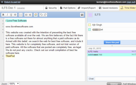 TitanPad- online text editor with real-time collaboration