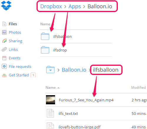 access Balloon folders from Apps folder in your Dropbox account