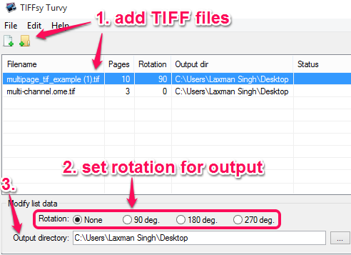 add TIFF files and set rotation for output