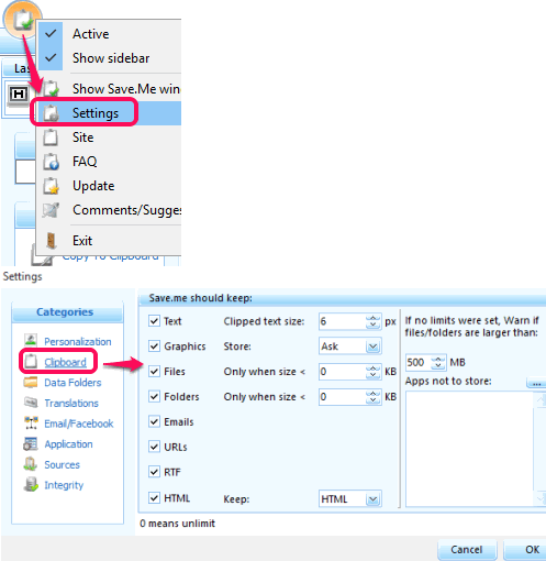 adjust settings to set size of files and folders
