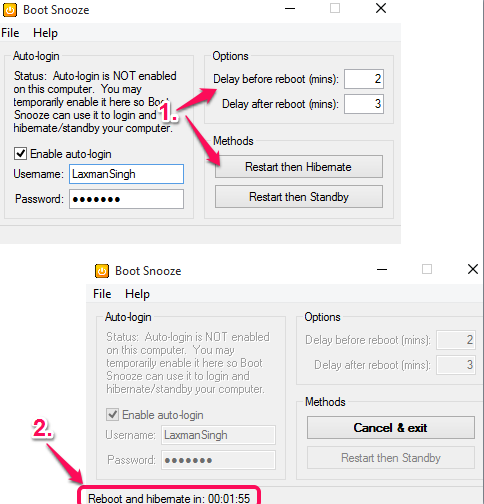 automatically reboot PC and then hibernate