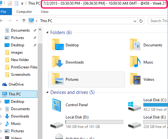 date and time displaying in File Explorer window