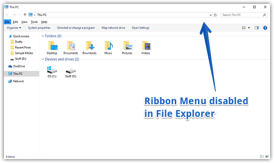 file explorer with ribbon disabled