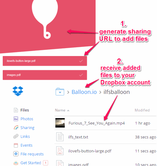 generate sharing URL to automatically receive files to your Dropbox account