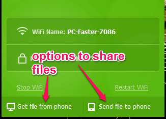 options to share files between PC and connected devices