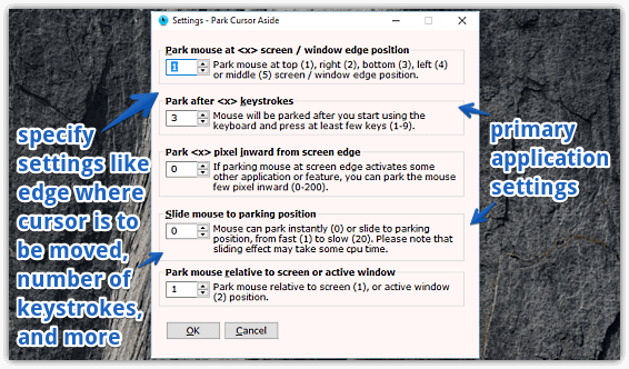 park cursor aside settings dialog box