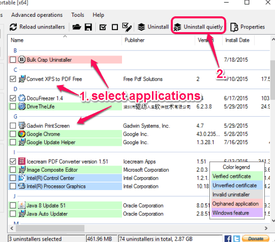 select applications and use Uninstall quietly option