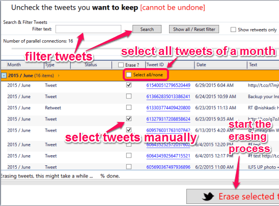 select desired tweets and delete