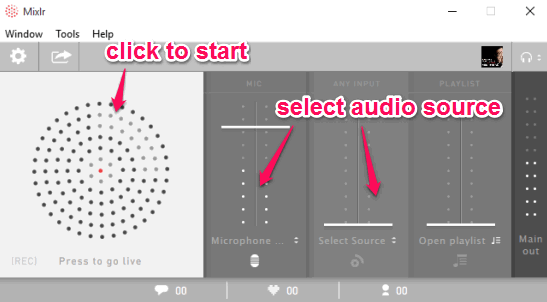 select the audio source and start the live audio broadcast