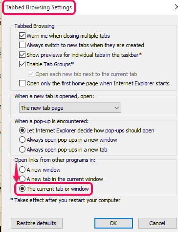 set The current tab or window option for links