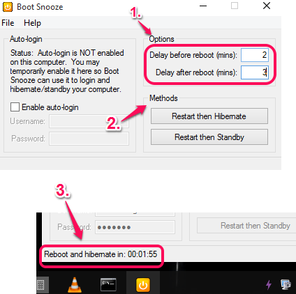 set the before and after reboot delay time and enable hibernate option