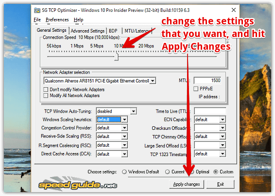 tcp optimizer changing settings